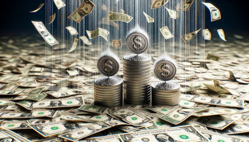three coins with a market crash background