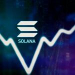 Solana logo with upward trending price chart against blue and purple digital background
