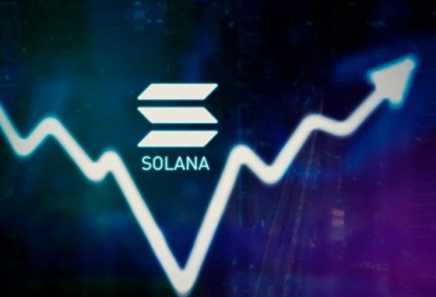 Solana logo with upward trending price chart against blue and purple digital background
