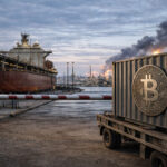 Bitcoin container halted at a port checkpoint as smoke rises in the distance, reflecting how escalating Iran war fears are weighing on the crypto market