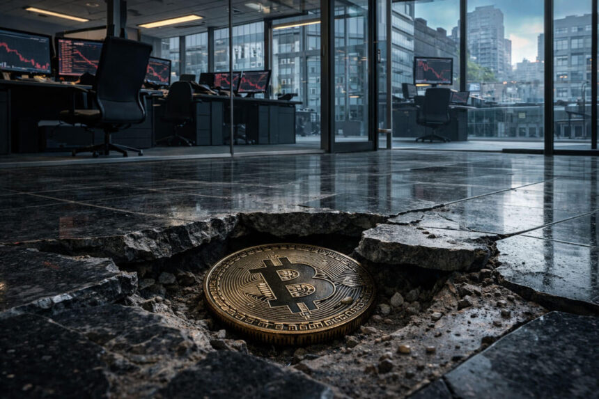 Bitcoin coin sunk into a cracked trading office floor as red market charts flash in the background after the price fell below $70,000