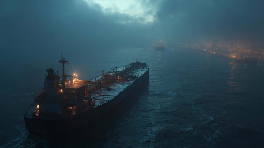 Oil tanker in a tense, foggy Middle East seascape as geopolitical threats rise, reflecting Bitcoin’s drop to $68,000 amid US-Iran escalation