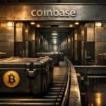 Bitcoin custody cases moving through a Coinbase facility, illustrating a central bottleneck in ETF custody flows