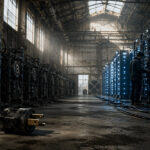 Bitcoin coin lodged in a deep crack between Wall Street and a rundown gas station street, symbolizing fragile markets as record highs clash with collapsing consumer confidence