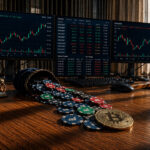 Bitcoin coin beside spilled trading chips on a desk with crypto market charts, symbolizing retail money potentially flowing into Bitcoin after the SEC removed the $25,000 day trading barrier