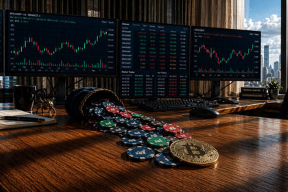 Bitcoin coin beside spilled trading chips on a desk with crypto market charts, symbolizing retail money potentially flowing into Bitcoin after the SEC removed the $25,000 day trading barrier
