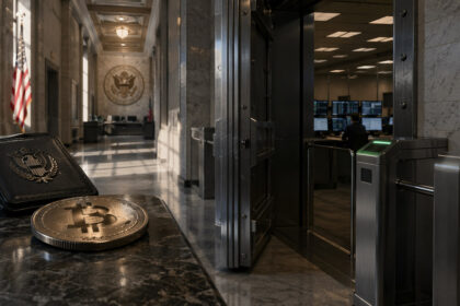 Congressional hearing room with U.S. documents and a dollar coin in the foreground as a woman pays by phone, symbolizing stablecoins becoming easier to use while Bitcoin still awaits regulatory clarity