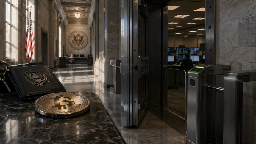 Congressional hearing room with U.S. documents and a dollar coin in the foreground as a woman pays by phone, symbolizing stablecoins becoming easier to use while Bitcoin still awaits regulatory clarity