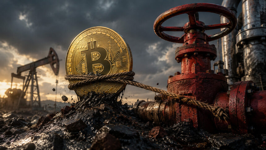Bitcoin tied to oil infrastructure and crude pipelines, symbolizing how the US-Iran ceasefire keeps Bitcoin hostage to oil markets and macro uncertainty.